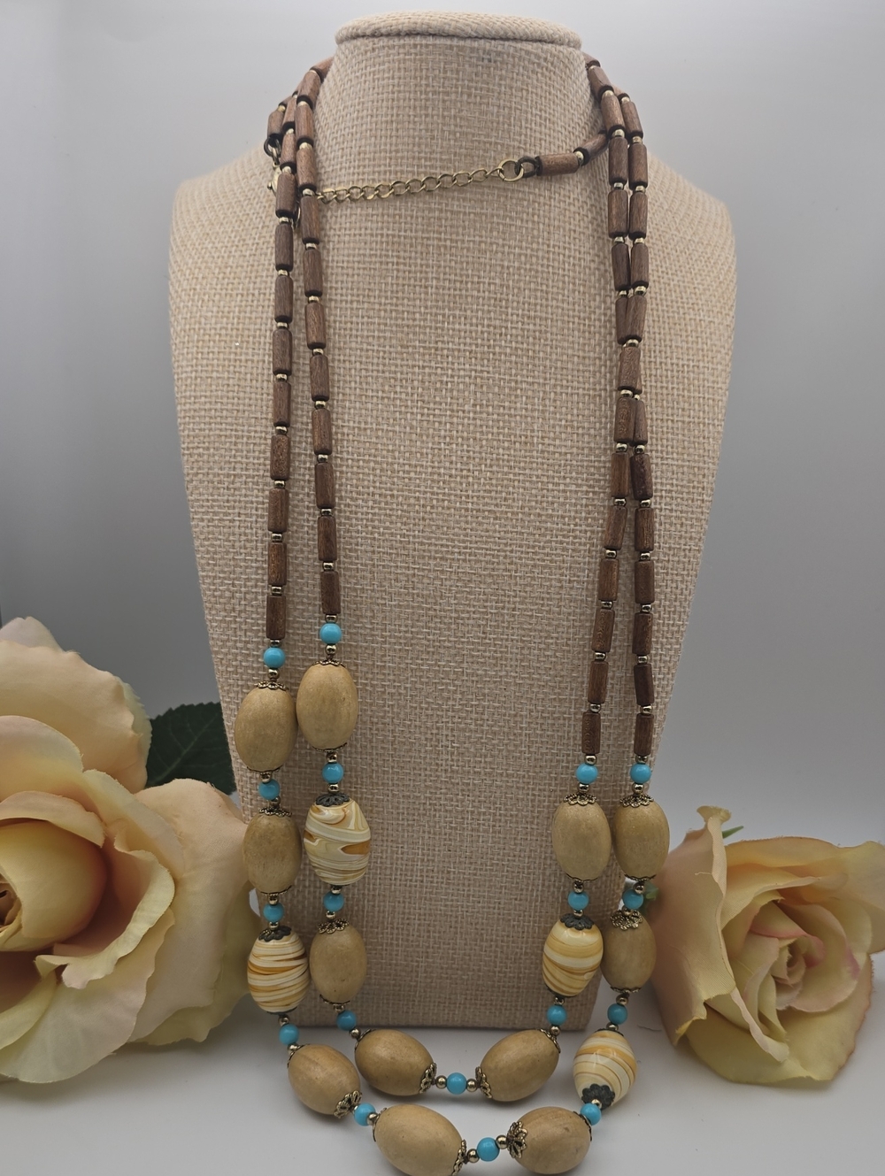 Vintage LC Liz Claiborne 2 Strand Wooden & Ceramic Beaded Necklace  Southwestern